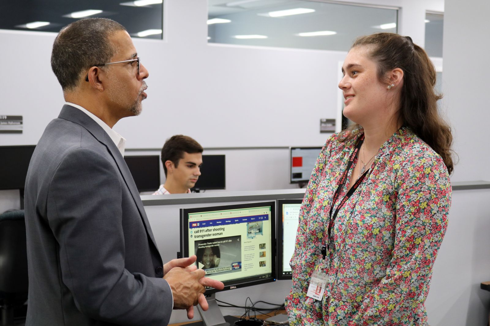 Congressman Brown speaks with UWT Intern Jackson Malmgren